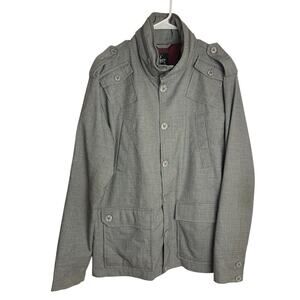 Kane & Unke Jacket Mens XL Gray Hidden Hood Button Up Military Utility Urban‎